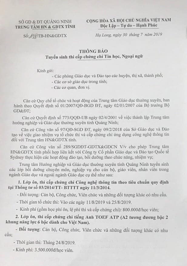thông báo thi cấp cc tin học , ngoại ngữ