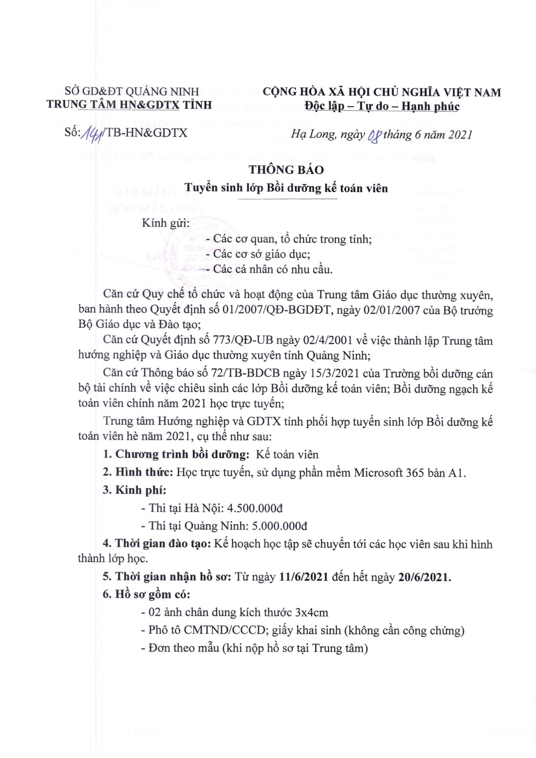 141 TB TS lớp BD kế toán viên 1