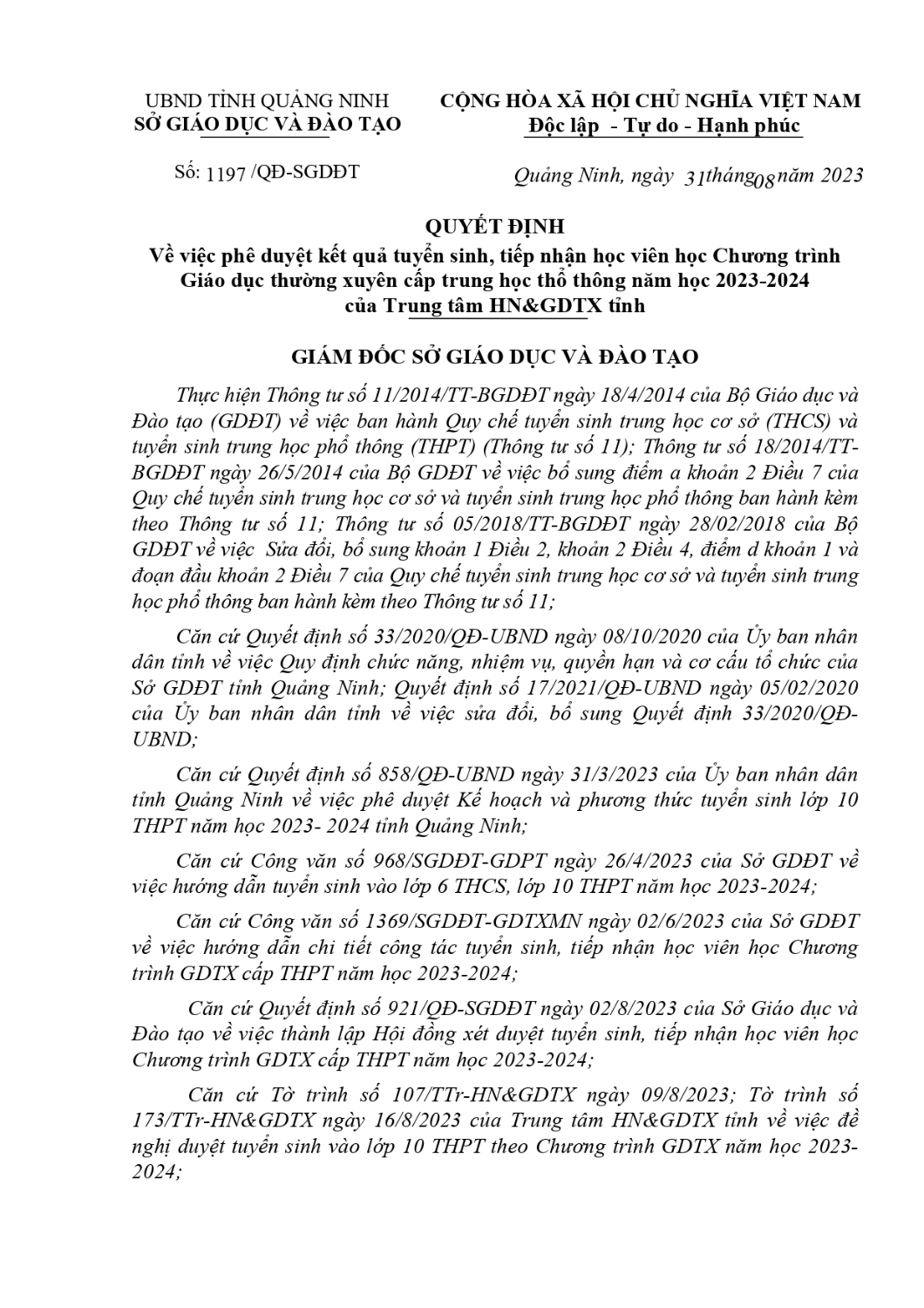 1197 QĐ phê duyệt KQ tuyển sinh page 0001